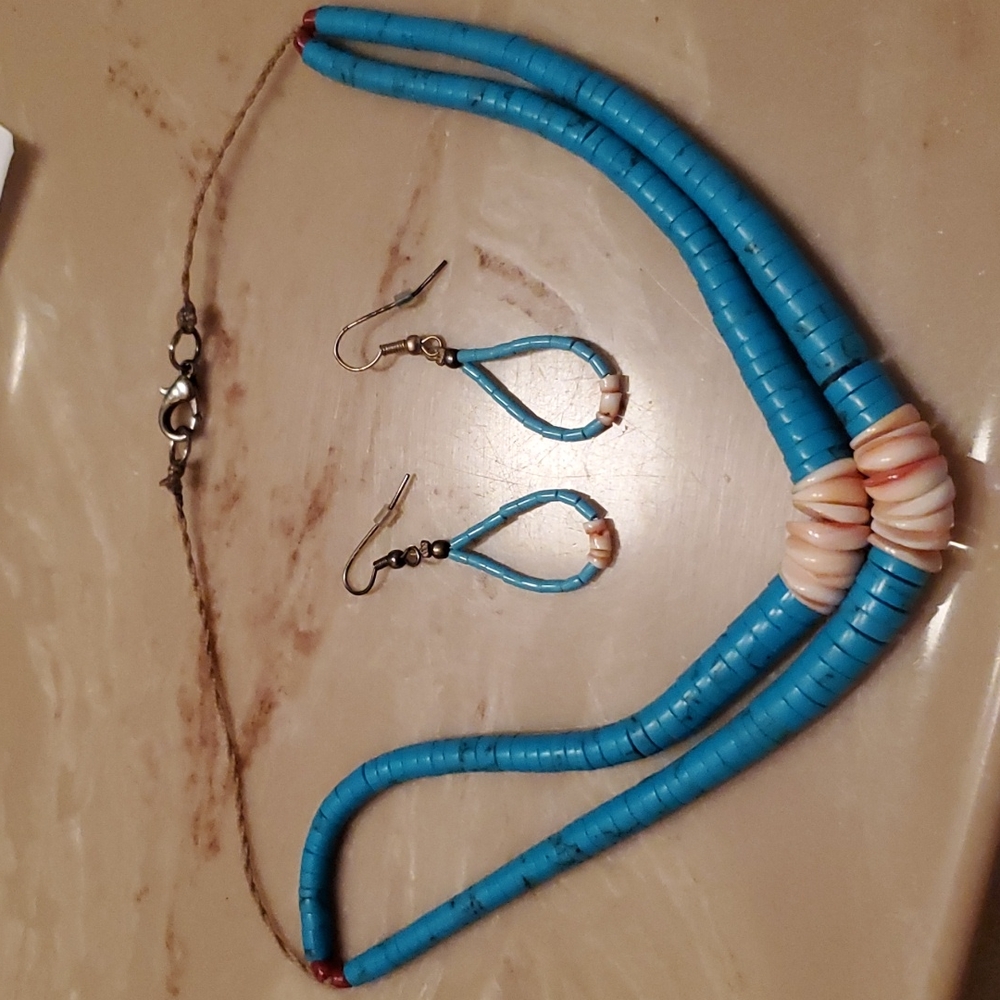 Turquoise and coral necklace and earrings set